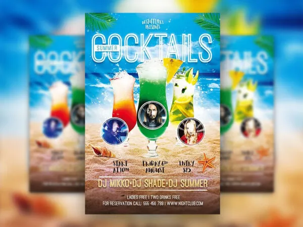 Sand Blue Green Tropical Cocktail Party Flyer Template 1