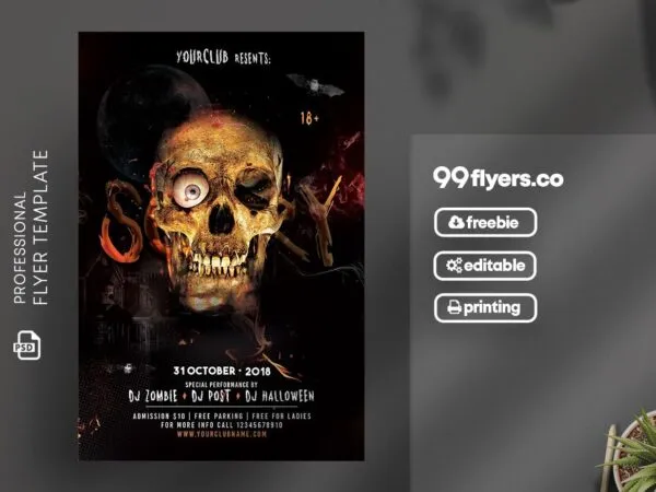 Scary Skull Halloween Party Flyer and Facebook Cover Templates 1