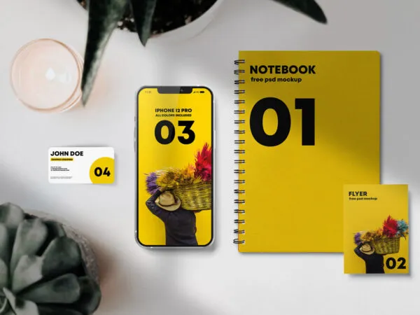 Scene Creator Mockup with Smartphone Flyer Notebook and Business Card 1