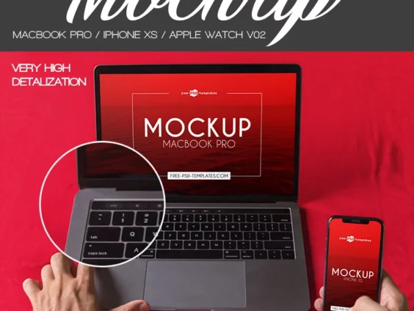 Set of 3 MacBook Pro iPhone XS Apple Watch on a Table Mockup 1