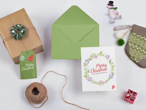 Set of Christmas Greeting Card and Label Mockup 1
