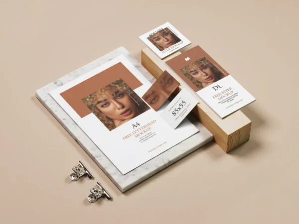 Set of Stationery Mockups Laid on a Slab of Stone and Block of Wood in Perspective 1