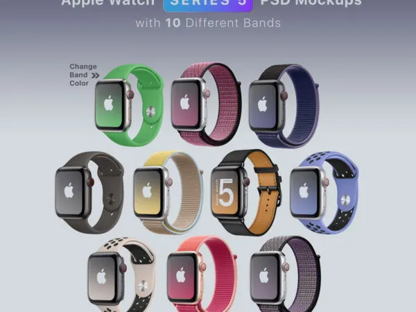 Set of Ten Apple Watches with Different Bands Mockup 1