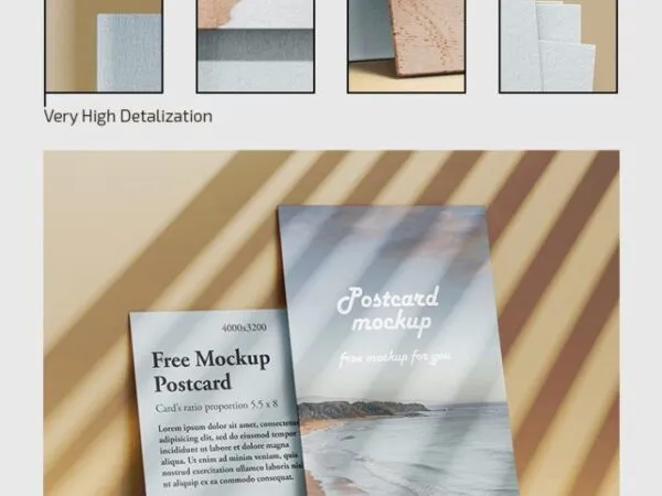 Set of Three Postcard Mockups from Front and Top View 1