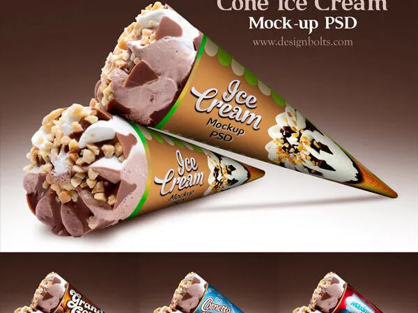 Set of Three Realistic Cone Ice Cream Packaging Mockup 1