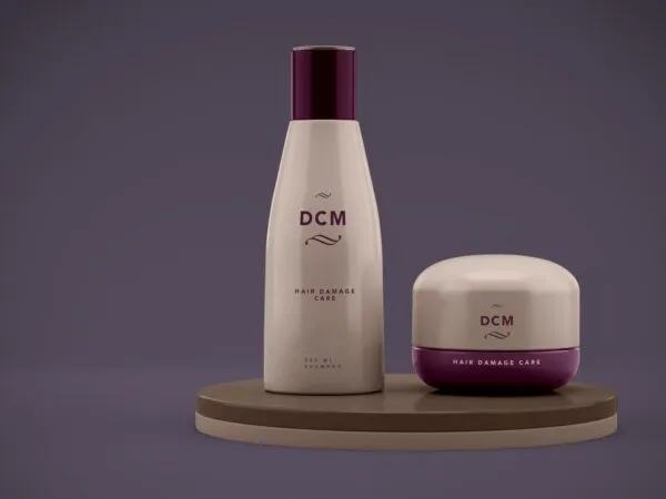 Shampoo Bottle and Cream Jar Cosmetic Mockup on a Plate 1