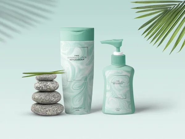 Shampoo and Lotion Bottle Mockup with Leaves and Stones 1