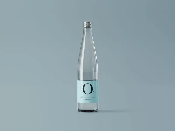 Shining Minimal Glass Water Bottle with Cap and Label Mockup 1