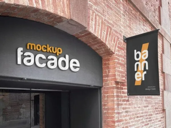 Shop Facade Mockup with Banner in Perspective View 1
