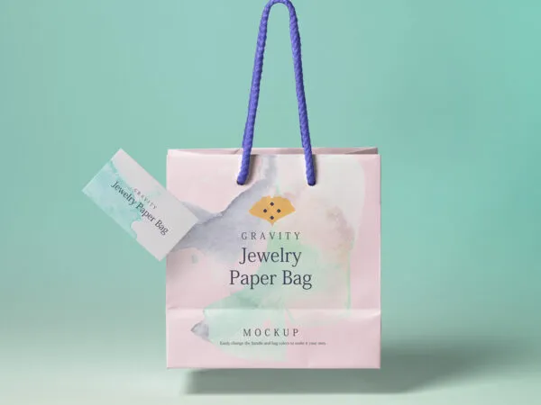 Shopping Bag Hanged by Handles and Floating Business Card Mockup 1