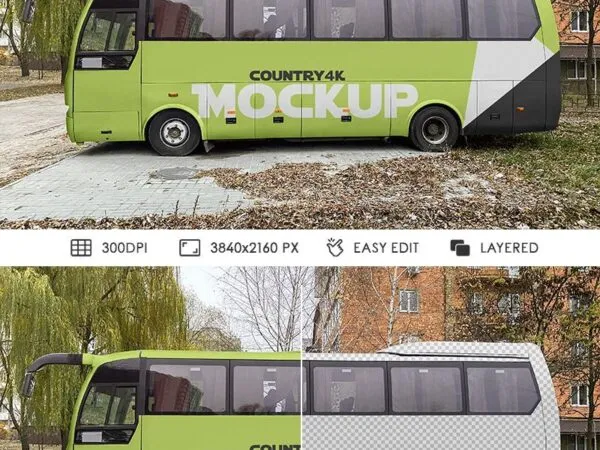 Side View City Bus Advertisement Mockup in Urban Setting 1