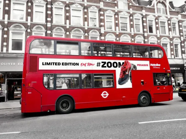 Side View London Bus Branding Mockup on Street 1