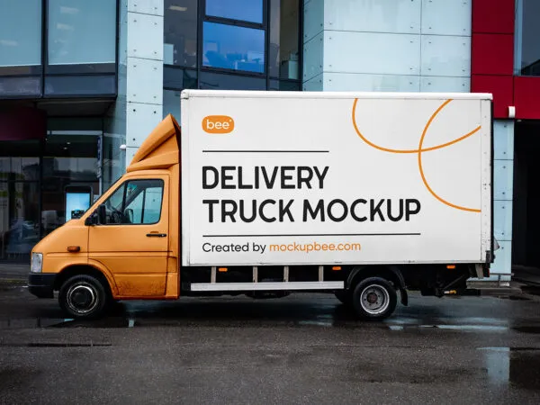Side View of Delivery Truck on Street Mockup 1