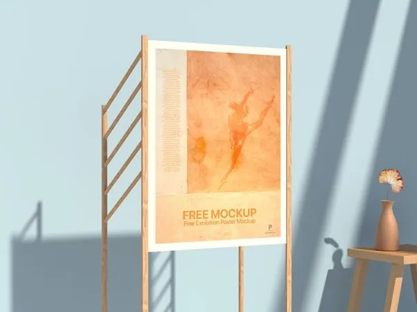 Side View of Exhibition Poster Mockup with Wood Frame 1