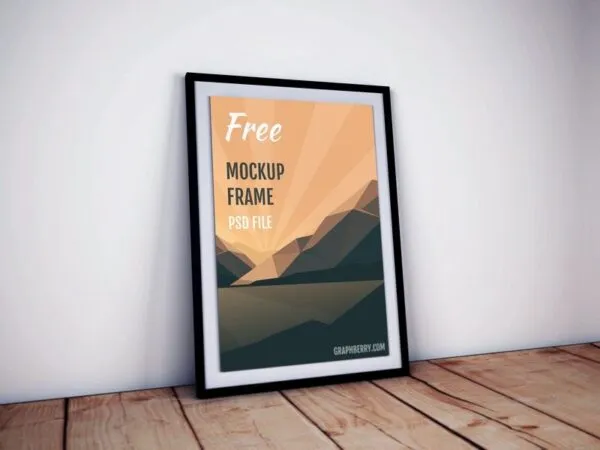 Side View of Poster Frame against Wall on Wooden Texture Mockup 1
