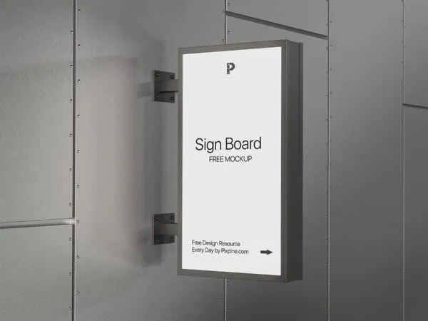 Side View of Vertical Logo Signboard Mockup on Metallic Wall 1