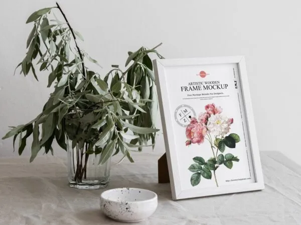 Side View of an Artistic Wooden Frame on a Table Mockup 1