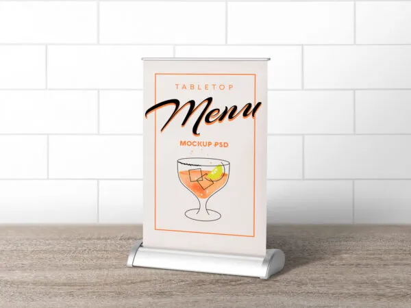 Silver Color Tabletop Menu Mockup on Wooden Table 1