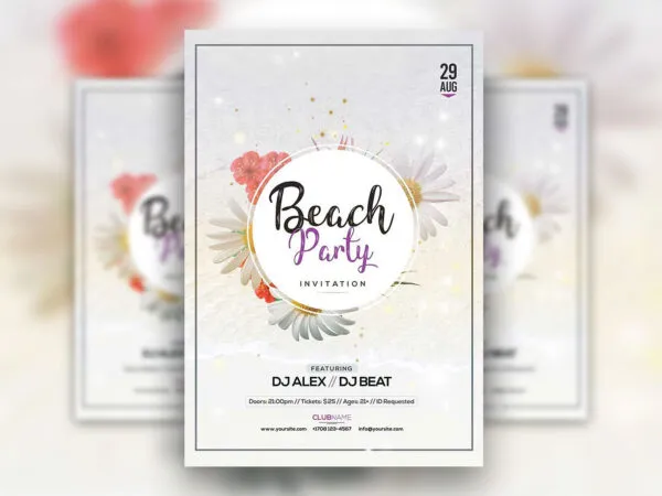 Simple Beach Summer Party Flyer Template Featuring Flowers 1