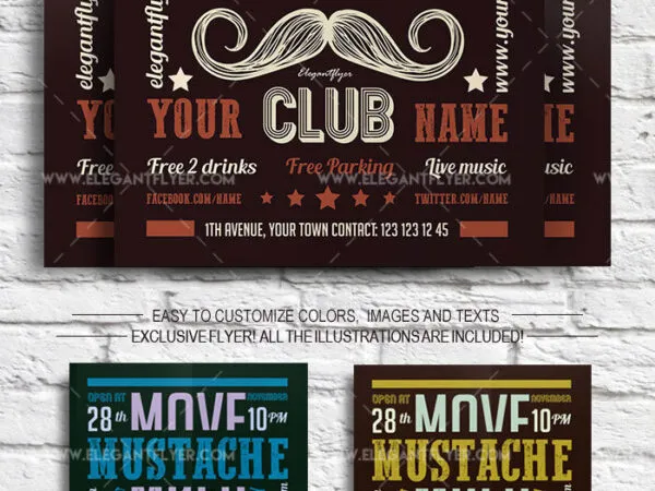 Simple Illustrated Bold Mustache Party Flyer Template and Facebook Cover 1