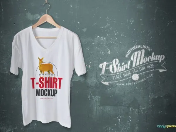 Simple V Neck T Shirt on a Wooden Hanger Mockup 1
