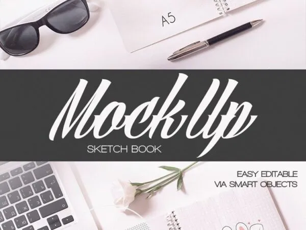 Sketchbook Mockup Next to Laptop and Sun Glasses 1