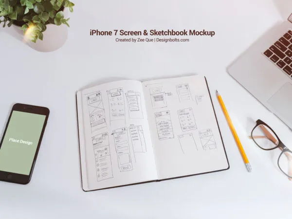 Sketchbook and iPhone 7 Laid in the Overhead View Mockup 1
