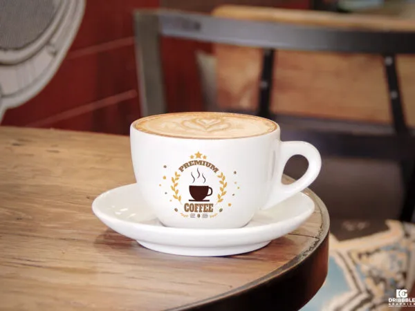 Small Coffee Cup on a Wooden Table Mockup 1