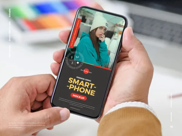 Smartphone Holding by Hand in Top View Mockup 1