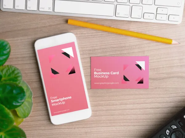 Smartphone With Business Card on Wooden Surface Mockup 1