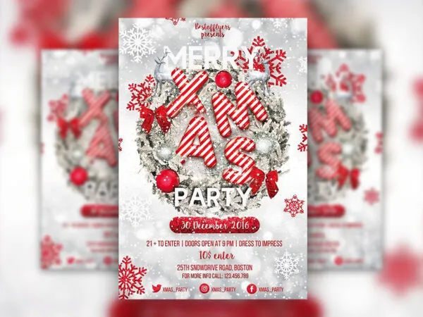 Snowy Merry Christmas Party Flyer Template 1