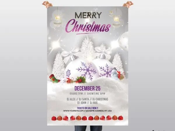 Snowy Ornamental Christmas Party Flyer Template 1