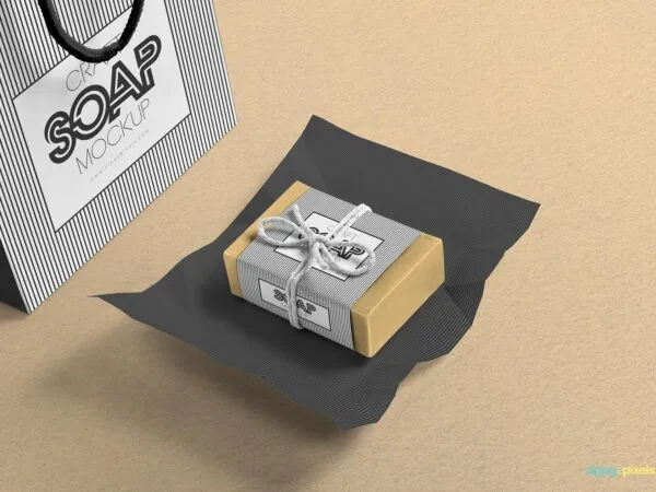 Soap Bar Along with Shopping Bag in Perspective Mockup 1