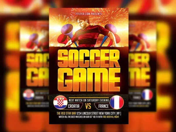 Soccer Sports Match Flyer Featuring Stadium and Fireworks in Background 1
