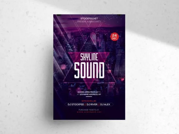 Sparkly Purple Skyline Sound DJ Flyer Templates 1