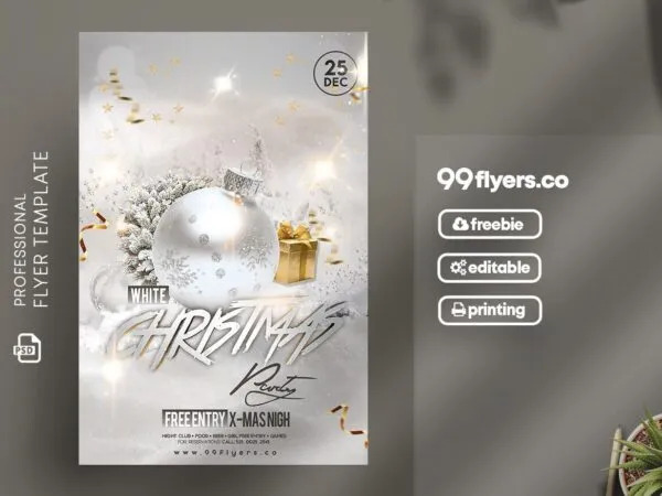 Sparkly and White Christmas Party Flyer Template 1