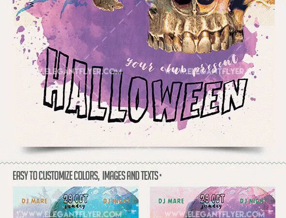 Spooky Watercolor Halloween Party Flyer and Facebook Cover Template 1