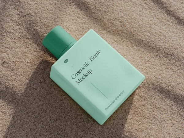 Square Bottle Mockup on Beach in Perspective View 1
