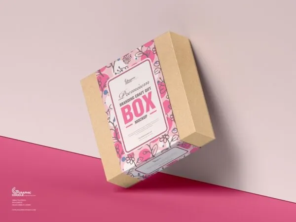 Square Branding Craft Gift Box Mockup Standing on One Edge 1