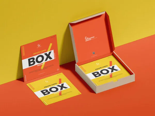 Square Cards With Box Mockup Laid on the Wall 1