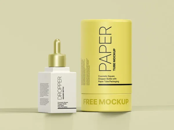 Square Cosmetic Dropper Mockup with Paper Tube Packaging 1