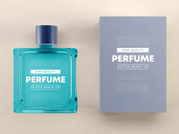 Square Perfume Bottle and its Packaging Box in Top View Mockup 1