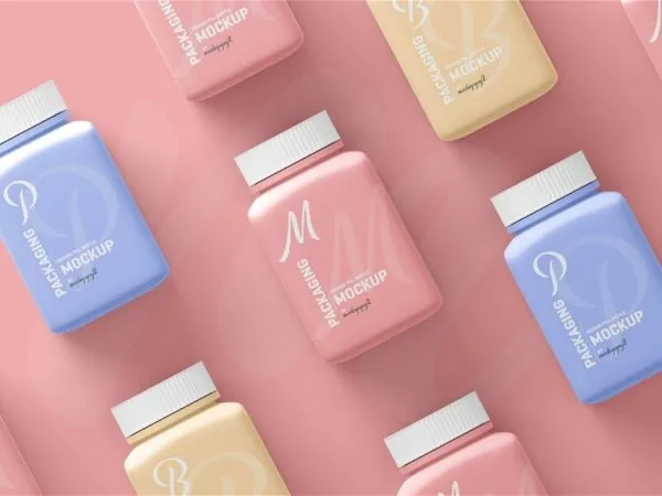 Square Pill Bottle Mockup in 3 Different Shots 1