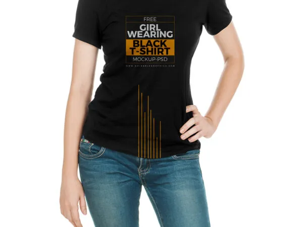 Standing Girl Model Wearing Round Neck Black T Shirt Mockup 1