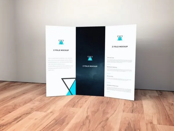 Standing Tri fold Brochure Mockup on Wooden Floor 1