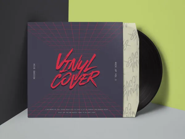 Standing Vinyl Cover Record at the Corner of Wall Mockup 1