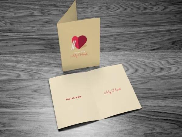 Standing and Laid Opened Greeting Cards on Wooden Surface Mockup 1