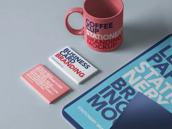 Stationery Branding Mockup Showing Two Business Cards Mug and Cardboard 1