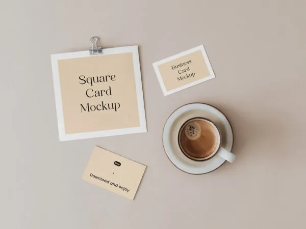 Stationery Card Mockup Featuring Business Card and Coffee 1