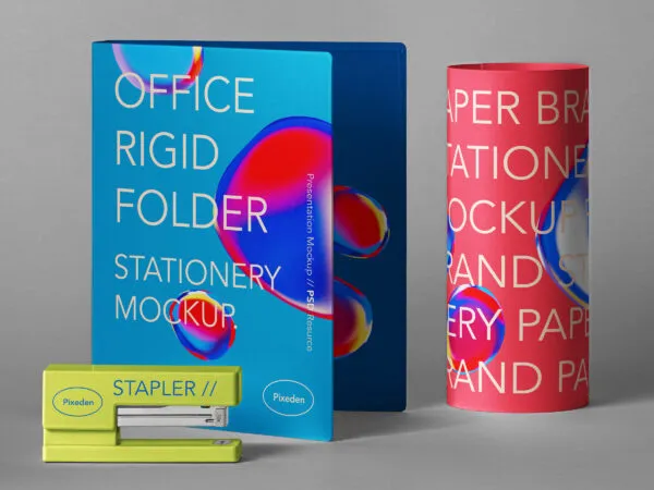 Stationery Classic Folder with Folded Paper and Stapler Mockup 1